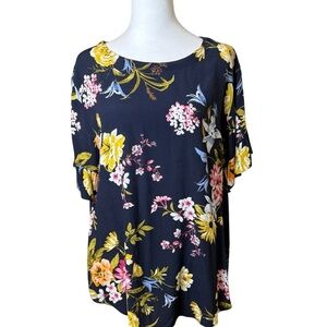 LOFT Navy‎ Floral Blouse Large Ruffle Short Sleeve Cottagecore Bloomcore Flower